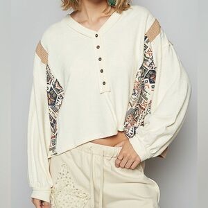 NEW POL Cream V-Neck Sweater Aztec Printed Design